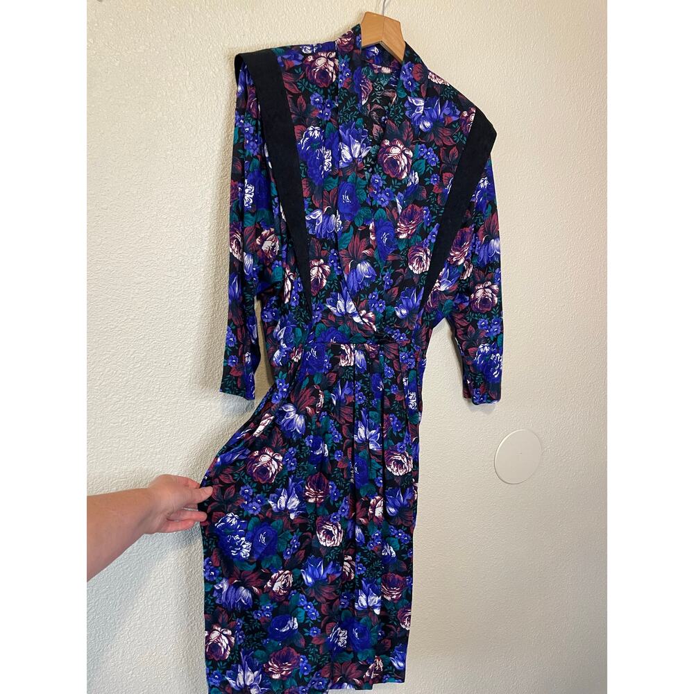 VTG 80's 90's Blue & Purple Floral Grandma Core V Neck Retro Long Sleeve Dress 4 - Picture 9 of 14